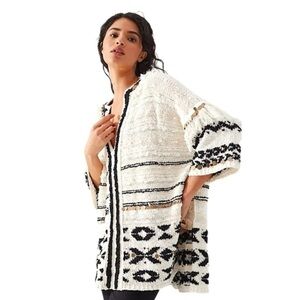 Anthropologie Cream and Black Textured Open-Front Poncho Cardigan